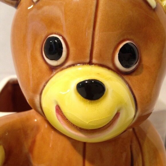 Vintage Lefton H5766 Teddy Bear Planter Japan Big Eye Brown Glazed Ceramic 6" - Picture 2 of 11